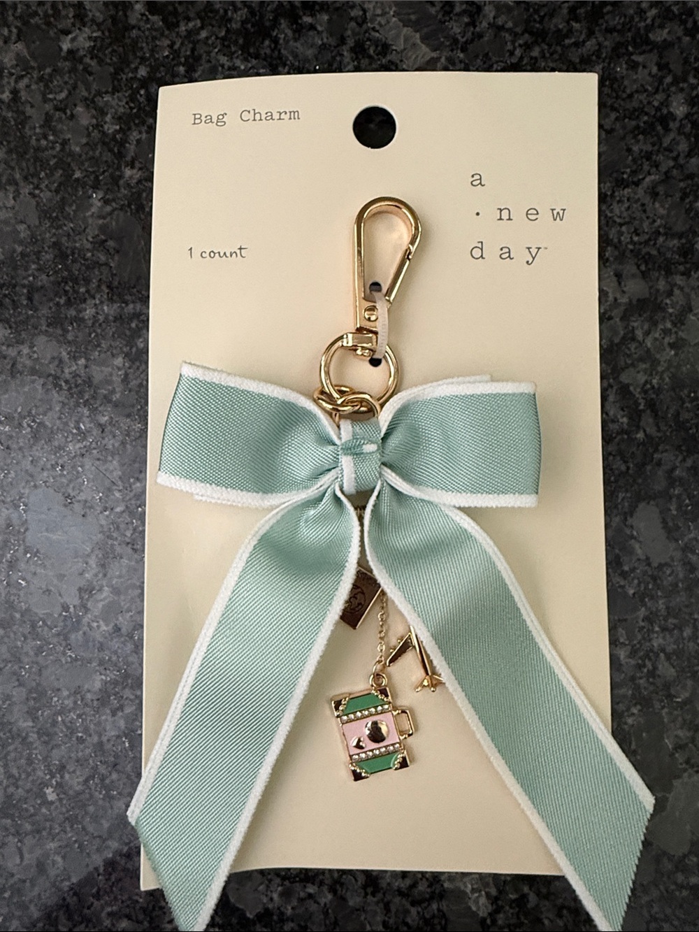 a new day Mint Ribbon and Bow Key & Card Holder Charm with Gold Hardware Travel